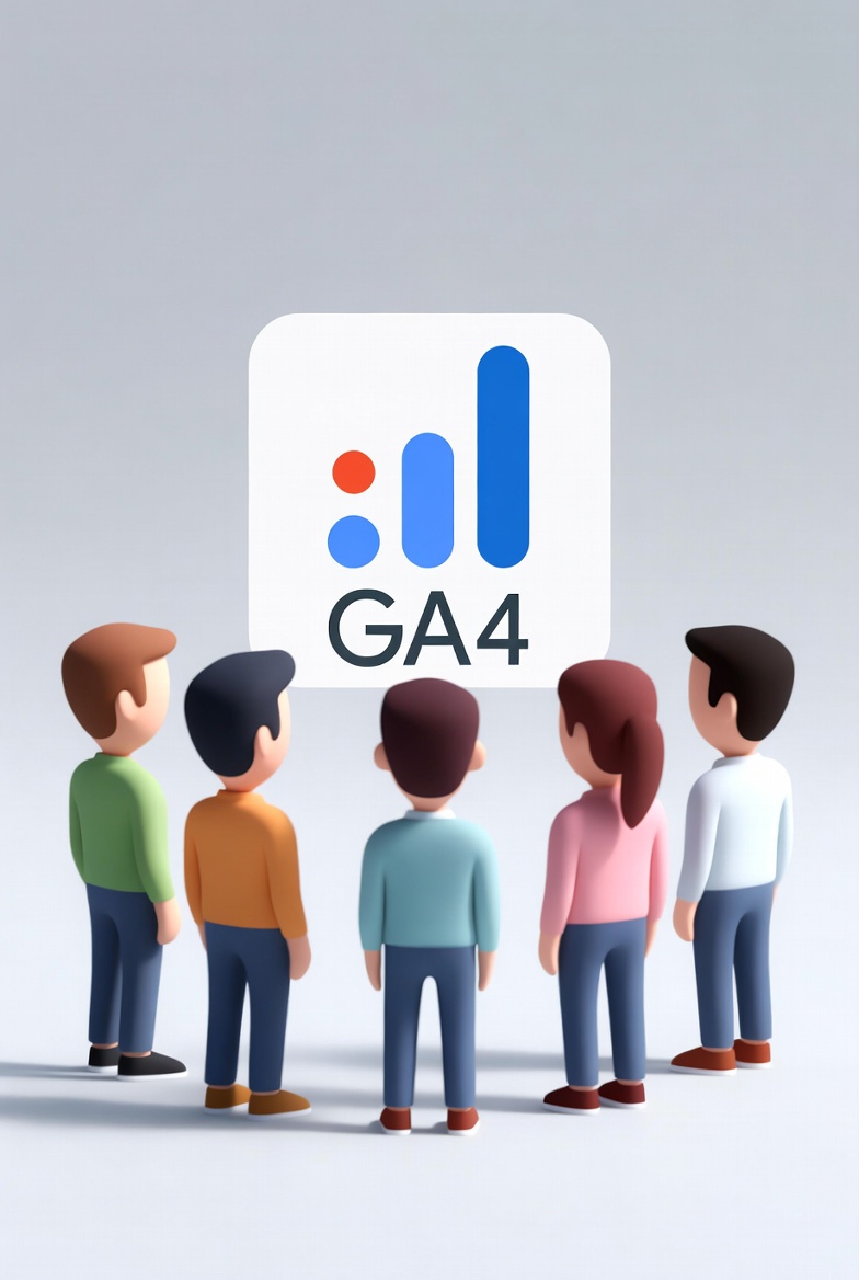 GA4 로고를 바라보는 5가지 유형의 사람. 5가지 권한 유형을 은유함.